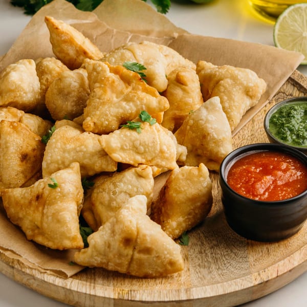Golden-brown Indian samosas with cilantro garnish, served on a wooden tray with red and green chutneys.